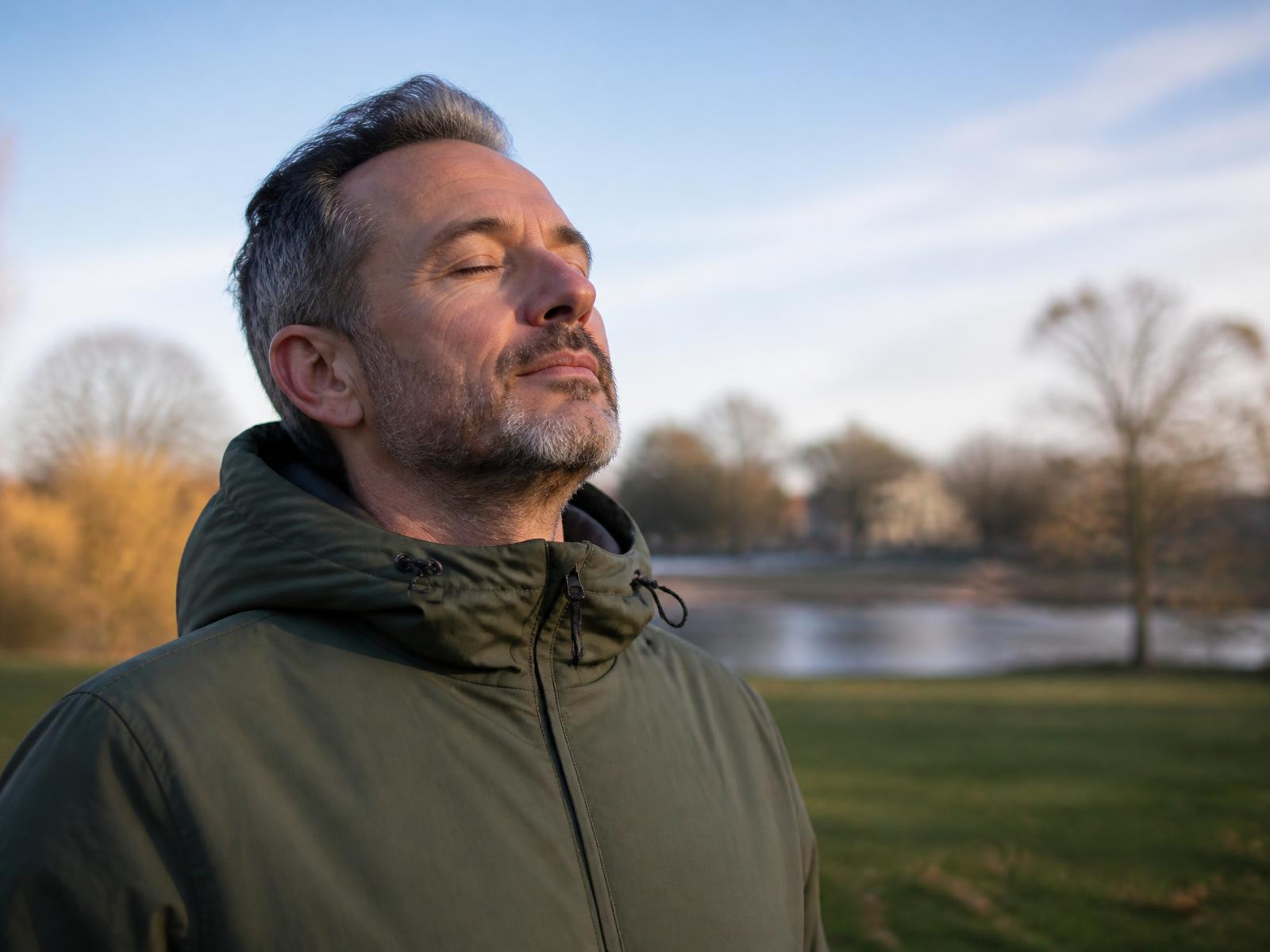 Persona al aire libre respirando profundamente en un parque, con luz de la mañana